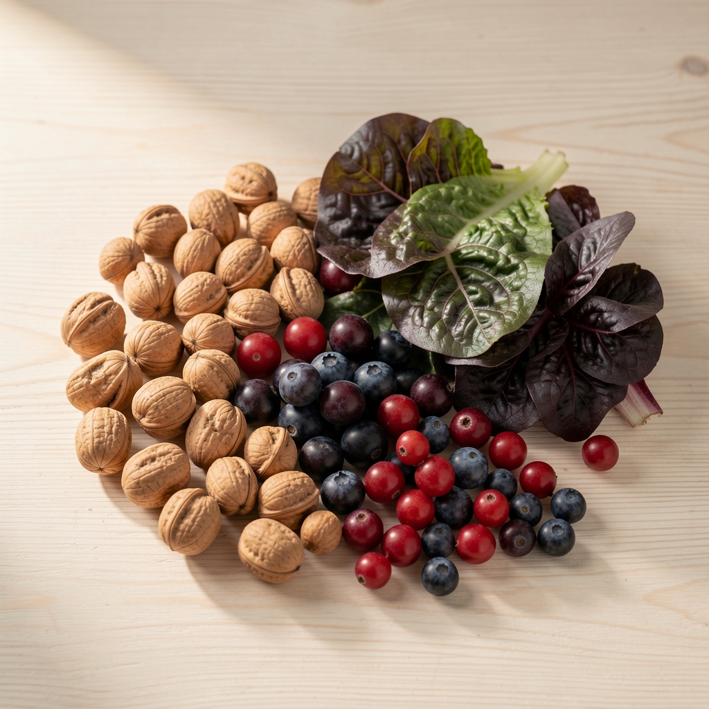 Frische Walnüsse, Beeren und Blattgemüse auf hellem Holztisch, weiche Tageslichtatmosphäre, Vogelperspektive